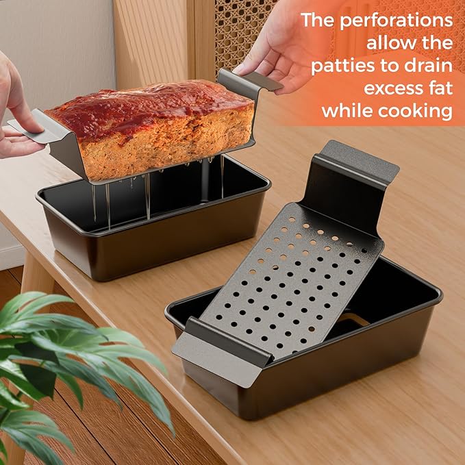 2 Pack Meatloaf Pan with Drain Tray, Non Stick Meat Loaf Pan with Drip Tray, 9.4 x 5.5 Inch Loaf Pan for Baking Bread and Meatloaf