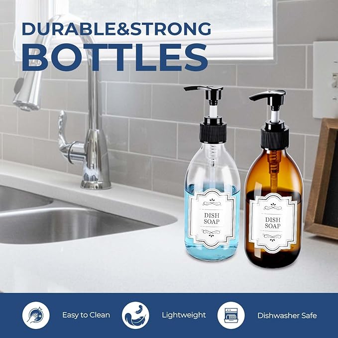 8 oz Glass Pump Bottle, 250ml Small Lotion Dispenser Bottle for Body Massage Oil, Refillable Empty Hand and Dish Soap Dispensers Set with Storage Caps, Labels - Amber & Clear, 2 Pack