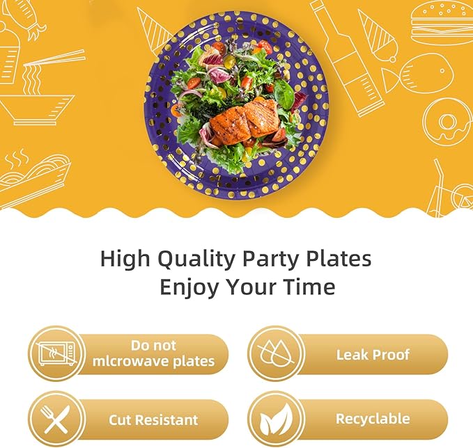 Purple and Gold Paper Plates,7INCH Dessert Party Plates,Purple Foil Polka Dots Paper Plate for Birthdays,Graduation,Mardi Gras,Bridal Parties(100 PCS)