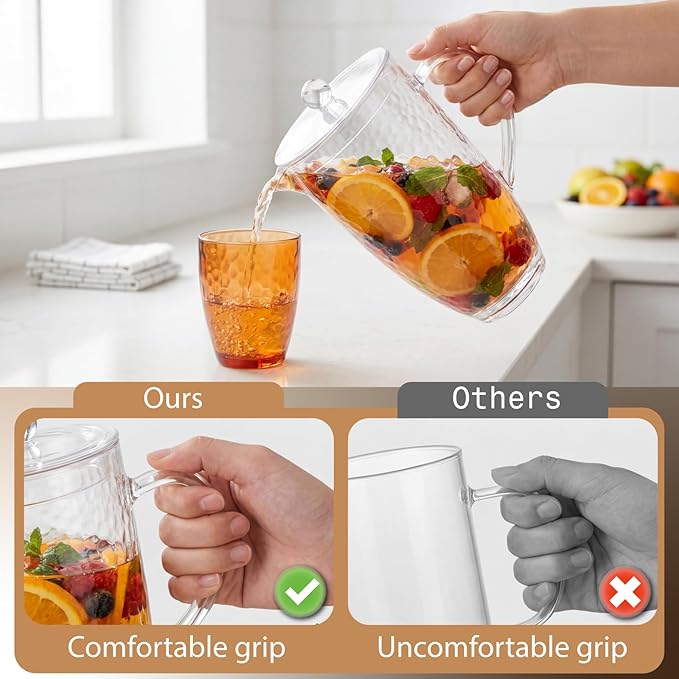 Pitcher with Lid and 4 Tumblers Set, 92oz Plastic Water Jug, BPA-Free Beverage Pitcher for Fridge, Large Drink Carafe for Party, Juice, Ice Tea, Sangria, Lemonade, (Set of 5 in Gift Box)