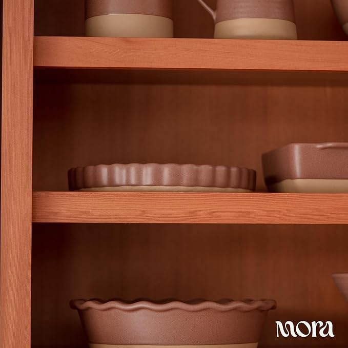 MORA Ceramic Tart Pan, 9.5 Inch Large Porcelain Baking Dish for Tarts, Quiche, Pie, Flan etc. Fluted Ruffled Edge, Oven, Microwave, Freezer, and Dishwasher safe - Great Gift For Bakers - Terracotta