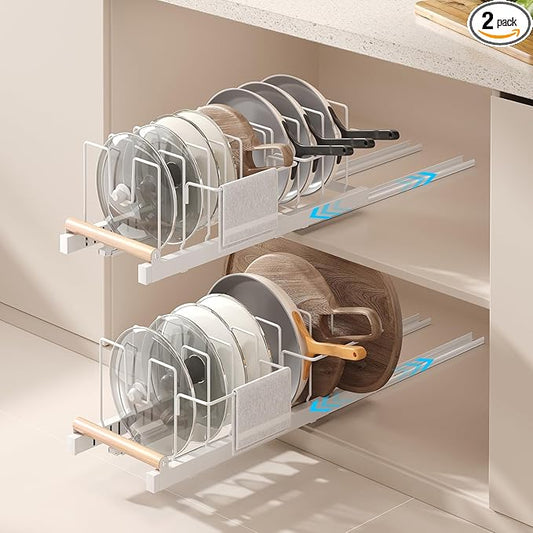2 Pack Pull Out Pots and Pans Organizer Under Cabinet, 22" Deep Expandable Pot Lid Organizer and Storage with 10 Adjustable Dividers Adhesive Pot and Pan Holder Rack with Handle Bracket(White)
