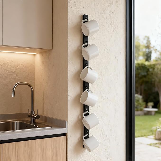 Wall Mounted Coffee Cup Holder - Slim Design Mug Rack with Hooks, Space-Saving Organizer for Kitchen, Office, and Coffee Bar - Holds Multiple Cups, Easy Installation, Versatile Display
