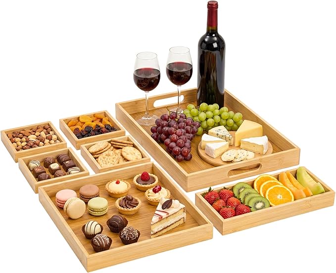 Wood Serving Trays with Handles, Set of 7 Rectangular Platters, Nesting Bamboo Tray for Breakfast in Bed, Entertaining, Couch, Party, Breakfast, Coffee Table, Home Decor