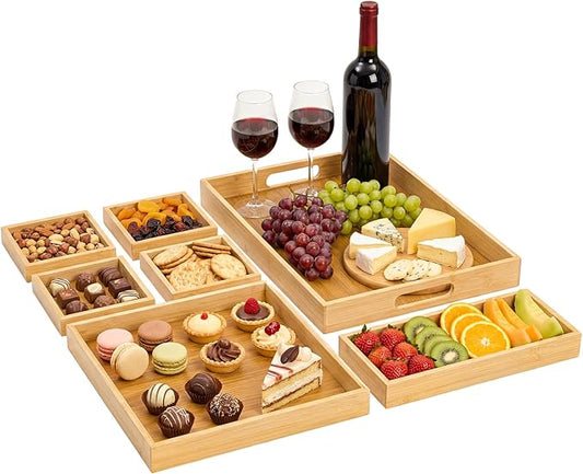 Wood Serving Trays with Handles, Set of 7 Rectangular Platters, Nesting Bamboo Tray for Breakfast in Bed, Entertaining, Couch, Party, Breakfast, Coffee Table, Home Decor