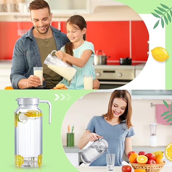 Panitay 2 Pcs 68 Ounces Plastic Pitcher with Lid Clear Acrylic Refrigerator Safe Pitcher Shatter Proof Juice Containers with Lids for Water Milk Sangria Lemonade Cold Drinks