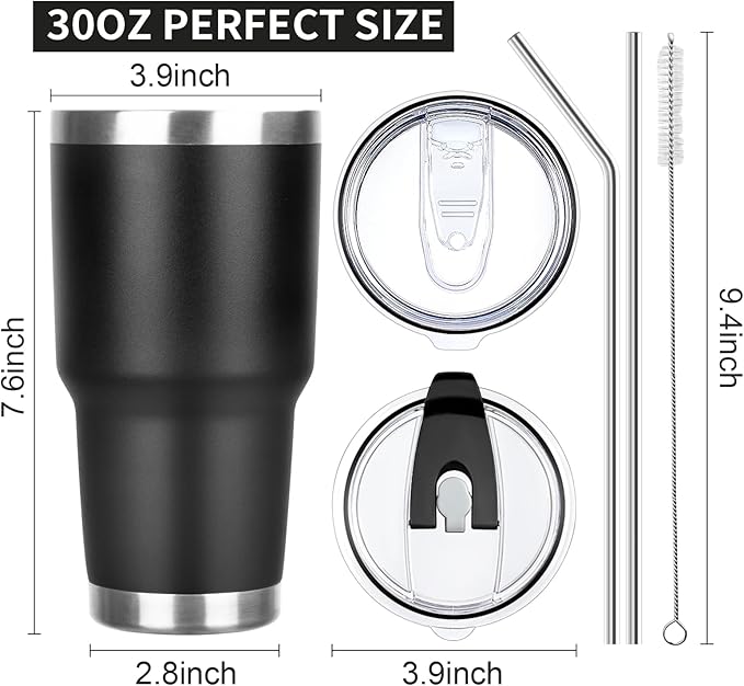 30 oz Tumbler with Lids and Straws Double Wall Vacuum Insulated Tumbler Cup,Stainless Steel Leak-proof Thermal Tumbler Powder Coated Travel Coffee Mug for Cold and Hot Drinks,Black