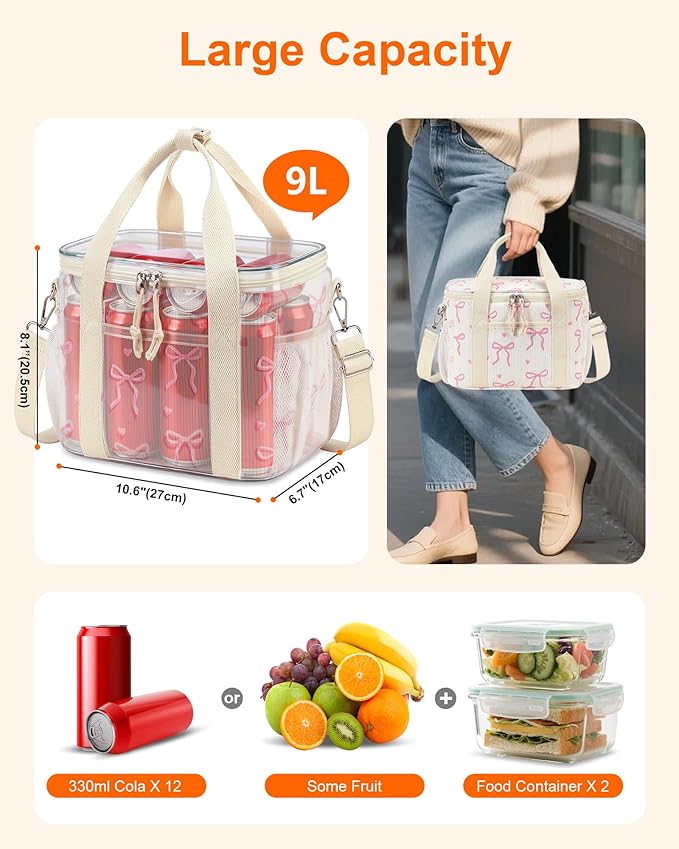 LOIDOU Lunch Box for Women Men Cute Insulated Corduroy Lunch Bag Cooler Leakproof Reusable Adult Lunchbox Adjustable Strap Pink bow lunch tote for Work Office Beach Picnic, Bow