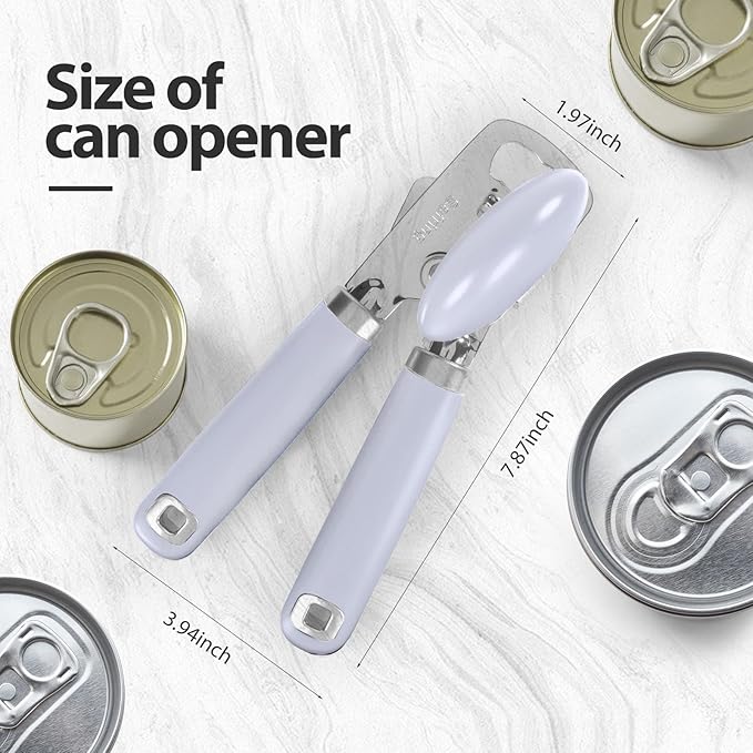 Can Opener Manual, Heavy Duty Stainless Steel Smooth Edge Can Opener With Soft Touch Handle, Oversized Handheld Easy Turn Knob, Multi-Function Bottle Opener, Lavender
