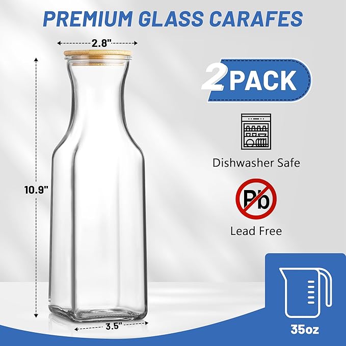Glass Carafe with Bamboo Lid, Square 35 Oz Beverage Dispensers Carafe, Mimosa Bar Supplies, Clear Glass Pitcher with Name Labels for Iced Tea, Coffee, Juice(Set of 2)