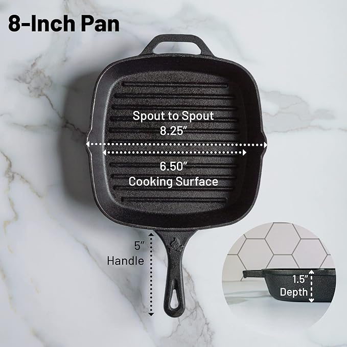 8 Inch Square Grill Pan Medium Pre-Seasoned Cast Iron