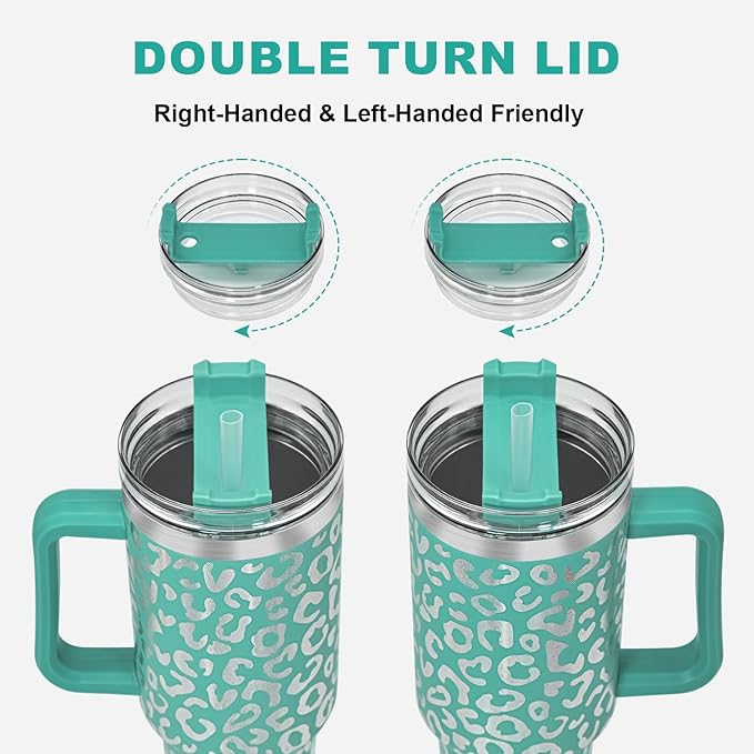 40 oz Tumbler with Handle and Straw, 100% Leak-Proof Travel Mug, Stainless Steel Double Wall Vacuum Insulated Coffee Cup Keeps Cold For 34 Hours, Dishwasher Safe, Green Leopard