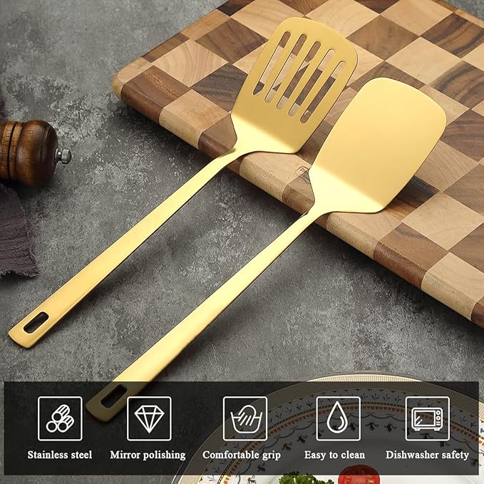 Gold Spatulas Set of 2, Kyraton Stainless Steel Spatula, Metal Spatulas, Kitchen Solid Slotted Turner, Titanium Gold Plating Cooking Utensils Set, Dishwasher Safe