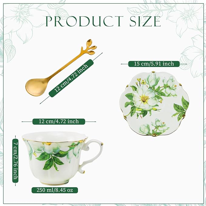 Country Roses Porcelain Tea Cup and Saucer Set with Gold Trim, Vintage Style, For Women and Tea Parties (1, Green)