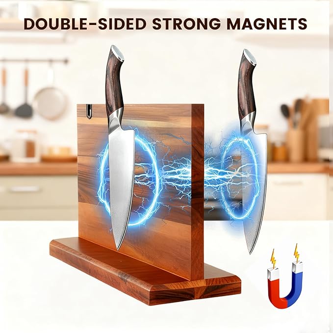 Magnetic Knife Block Natural Acacia Wood Knife Holder Space-Saving Magnetic Strip for Kitchen Knives Self-Sharpening Slot for Maintaining Blade Sharpness Strong Magnet Securely Holds Knives
