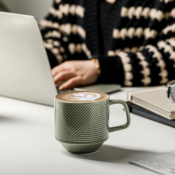 Stackable Coffee Mugs with Rack: 13 oz Stacking Ceramic Cups with Stand - Porcelain Stacked Tea Mug Set of 4 (Pea Green)