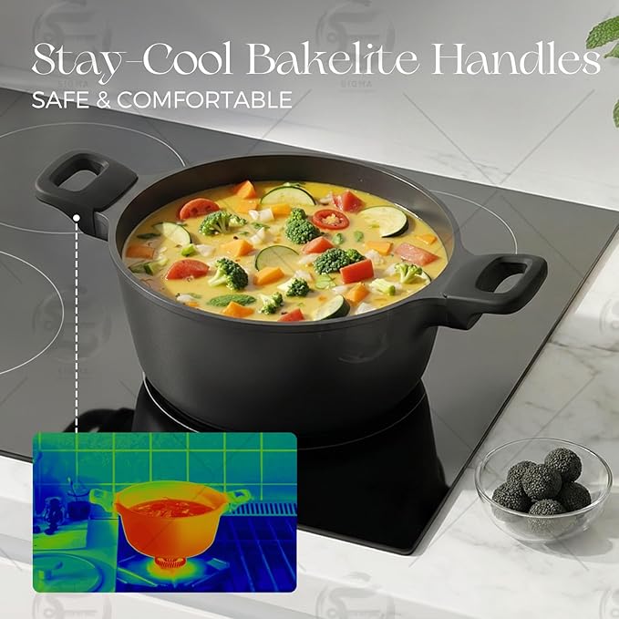 PRICUSIS Nonstick Stock Pot with Silicone Rim Tempered Glass Lid, 4.5/7 QT Soup Pot Casserole, Cooking Pot, Induction Compatible, Dishwasher Safe, Ideal for Pasta & Stews, PTFE PFOA Free, Black Sesame