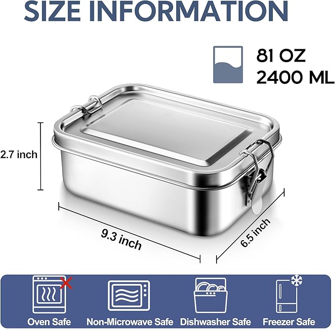 E-far 4 Pieces Stainless Steel Bento Box, Large 2400ml Metal Lunch Box, 81oz Leak-Proof Lunch Food Container with Lids and Divider, Reusable Meal Storage for Camping Picnic Travel Work