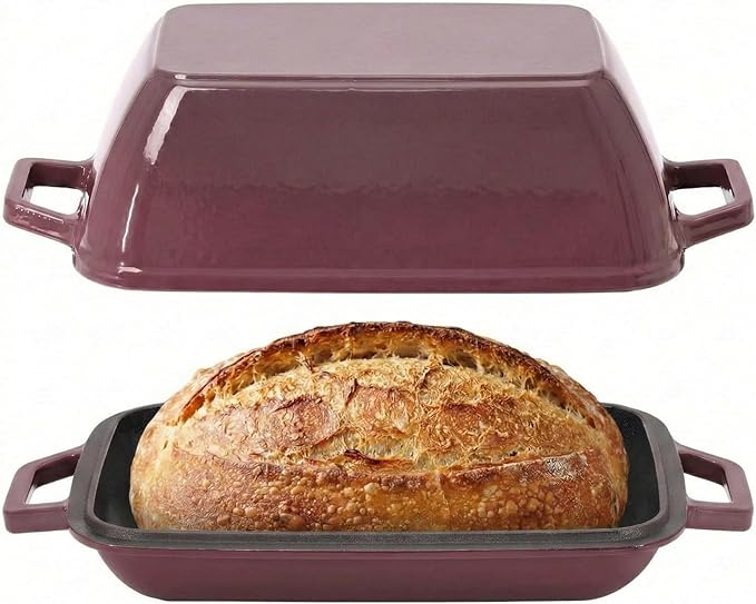 Oval Cast Iron Dutch Oven for Bread Baking 12x8 Inch Enameled Bread Pan with Lid 6QT Cast Iron Bread Dutch Oven for Sourdough，Magenta