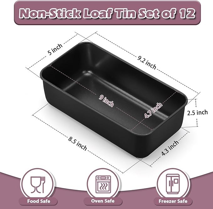 P&P CHEF Loaf Pan Set, 9 x 5 Inch Bread Pans, Stainless Steel Loaf Toast Baking Pans For Bread Meatloaf Lasagna Cake, Healthy & Non Toxic, Oven Safe& Easy Clean, (Black, 12Pcs)