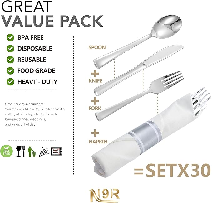 N9R 30 Pack Pre Rolled Silver Plastic Cutlery Set, Wrapped Plastic Silverware Set with 30 Forks, 30 Knives, 30 Spoons and 30 Napkins, Disposable Cutlery Set for Party and Wedding