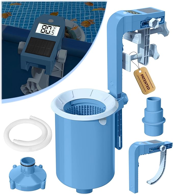 BluSwim [Patented] Above Ground Pool Skimmer with Solar Digital Thermometer | Wall Mount Surface Skimmer - Auto Skimming Pool Floating Debris | 2 Upgraded Bracket - Stable&Height Adjustable-Steel Blue