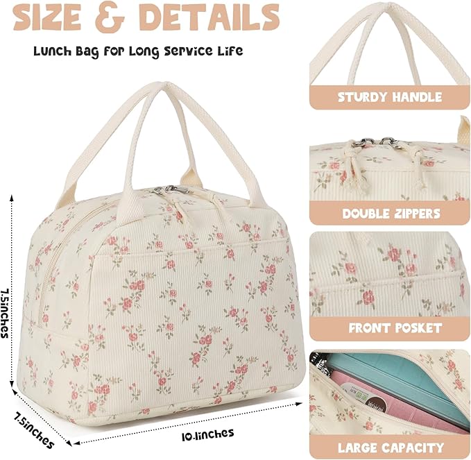 Bluboon Lunch Bag for Women Men Cute Corduroy Lunch Tote Bags Reusable Insulated Lunch Box Large Capacity Reusable Insulated Cooler for Work Picnic or Travel