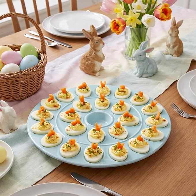 Ceramic Easter Deviled Egg Platter 13 Inch Robin Egg Blue Easter Eggs Tray 24 Holes Deviled Eggs Holder for Spring Holiday Festival Party Favors