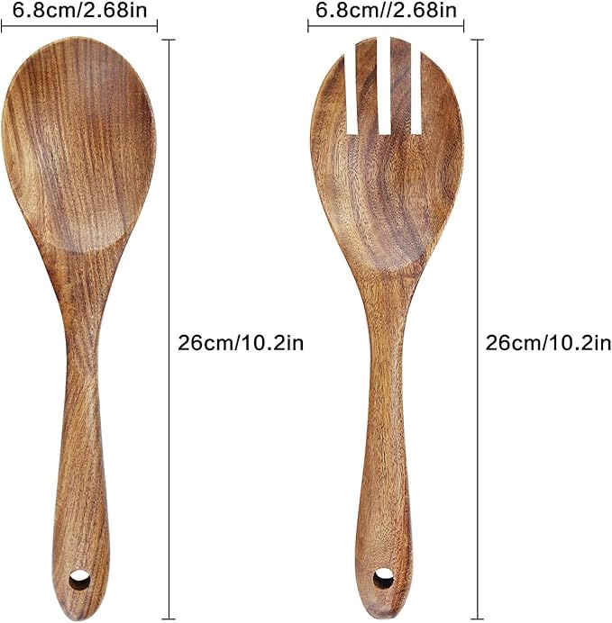 AOOSY Acacia Wood Salad Tongs,10.2 Inch Serving Utensils Set,Salad Fork and Salad Spoon for Serving,Long Handle Salad Server Set Kitchen Cooking Utensil