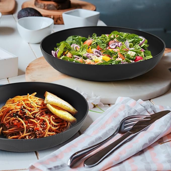 Wrova 10inch Wheat Straw Big Bowls Set of 6 - Large Salad Bowls 65oz set of 6 - Unbreakable Serving Bowls Microwave & Dishwasher Safe for restaurant - Big Plastic Bowls for Cereal,Salad - Black Series