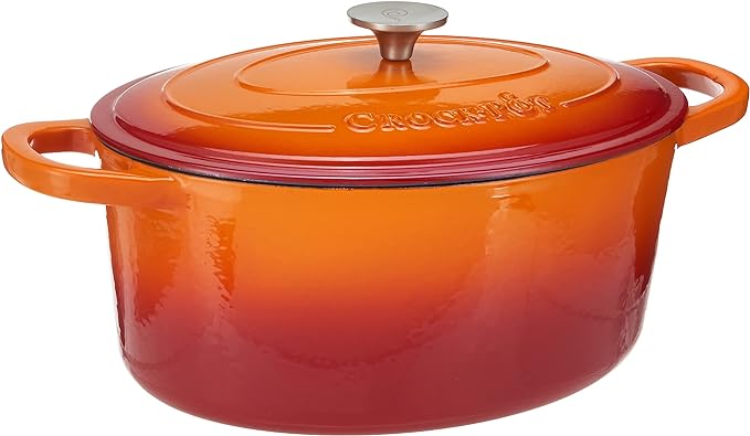 Crock Pot Artisan 7-Quart Oval Enameled Cast Iron Dutch Oven – Sunset Orange, Durable Heavy-Duty Cookware for Slow Cooking, Roasting, Baking with Lid