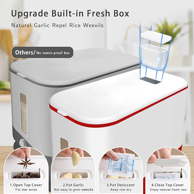 22-25 Lbs Rice Dispenser, Large Cereal Dry Food Storage Containers with Measuring Cup, BPA-Free Household for Kitchen Pantry Organization-Red