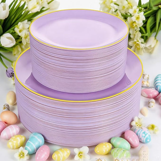 PULOTE 100PCS Purple Plastic Plates Disposable - Include 50 Dinner / 50 Dessert Plates Heavy Duty for Party, Wedding&Easter