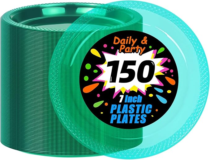 WELLIFE Teal Plastic Party Plates 7 Inch -150 Count, Translucent Green Disposable Dessert Neon Plates for Christmas Party St. Patrick's Day Easter Cake Salad Appetizers