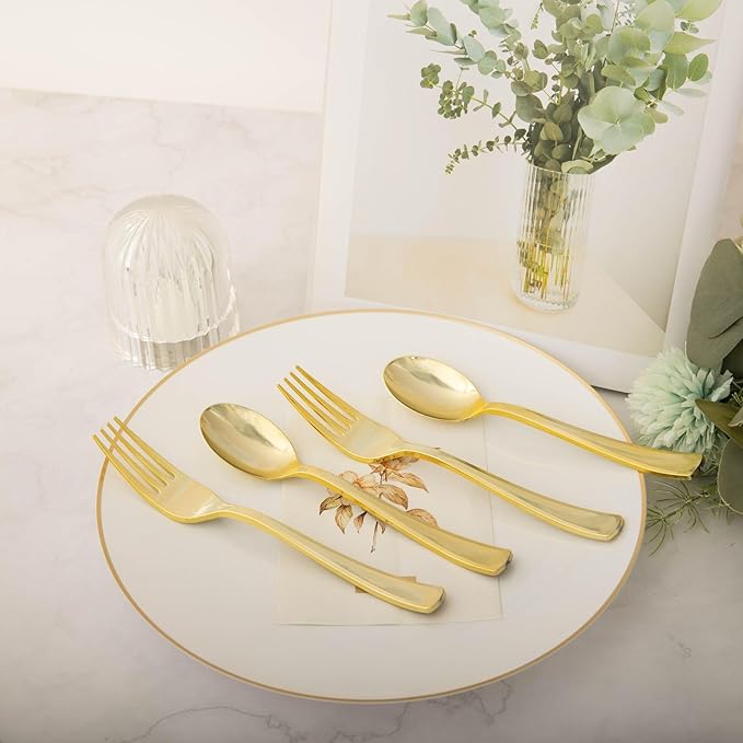 N9R 100PCS Gold Plastic Silverware, Heavy Duty Disposable Cutlery Set for Parties, Disposable Plastic Spoons and Forks Includes 50 Gold Spoons and 50 Forks for Wedding, Birthday, Dinner