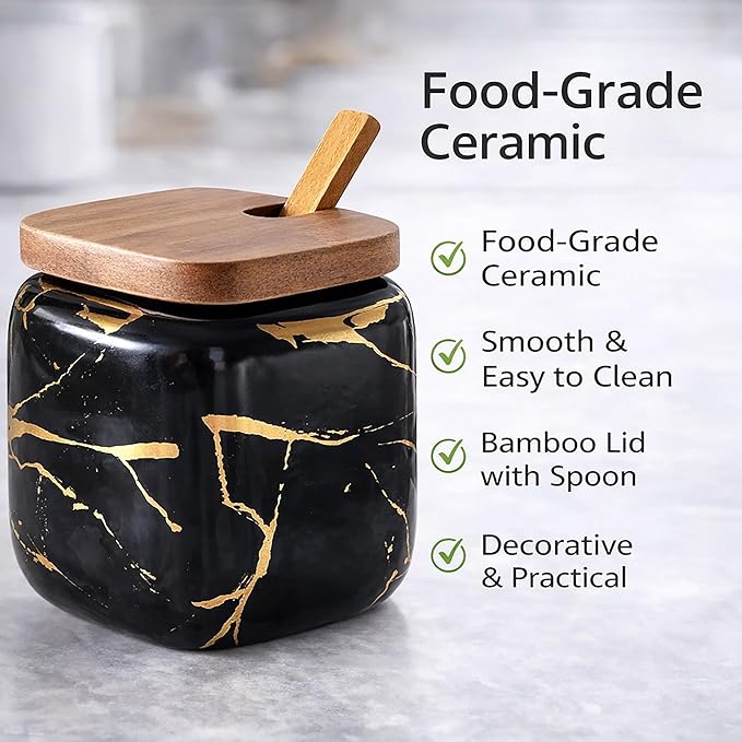2 Sets of Marble Ceramic Seasoning Jars Ceramic Sugar Bowl with Lids，Tray and Spoons (black) …
