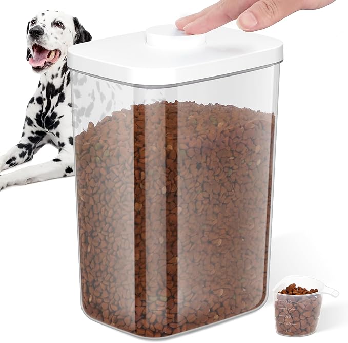 5-8 Lbs/6Qt Airtight Dog Cat Food Storage Container and Pet Storage Bin BPA-Free, PET Clear Stackable Dog Treat Containers Measuring Scoop Suitable for Dogs Food, Cats Food and Other Dry-1Pack