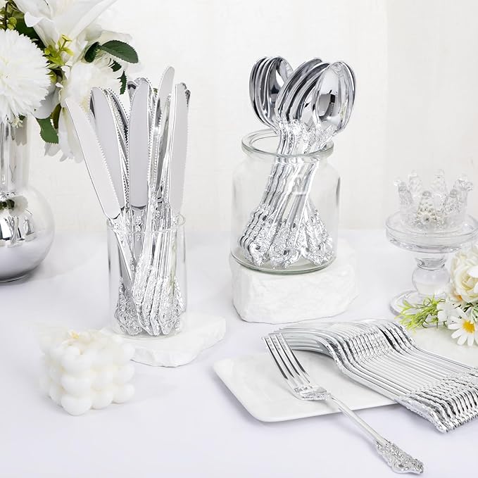 WDF 120PCS Silver Plastic Silverware - Heavy Duty Silver Plastic Cutlery Set - 40 Forks, 40 Spoons, 40 Knives, Perfect for Parties Weeding Baby Shower Spring