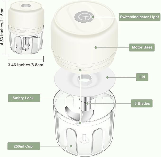 250ml Electric Garlic Chopper, Portable Garlic Press, Wireless Mini Food Processor, Rechargeable Garlic Chopper Mincer for Ginger, Chili, Onion, Minced Meat and Spices (White)