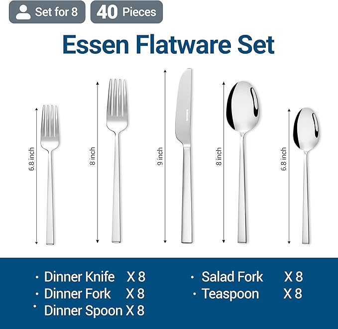 Essen Flatware Set for 8, 40-Piece 18/10 Stainless Steel Silverware Set, Modern Cutlery Set with Mirror Finish, Dishwasher Safe Kitchen Utensil Set, Mother’s Day Gift