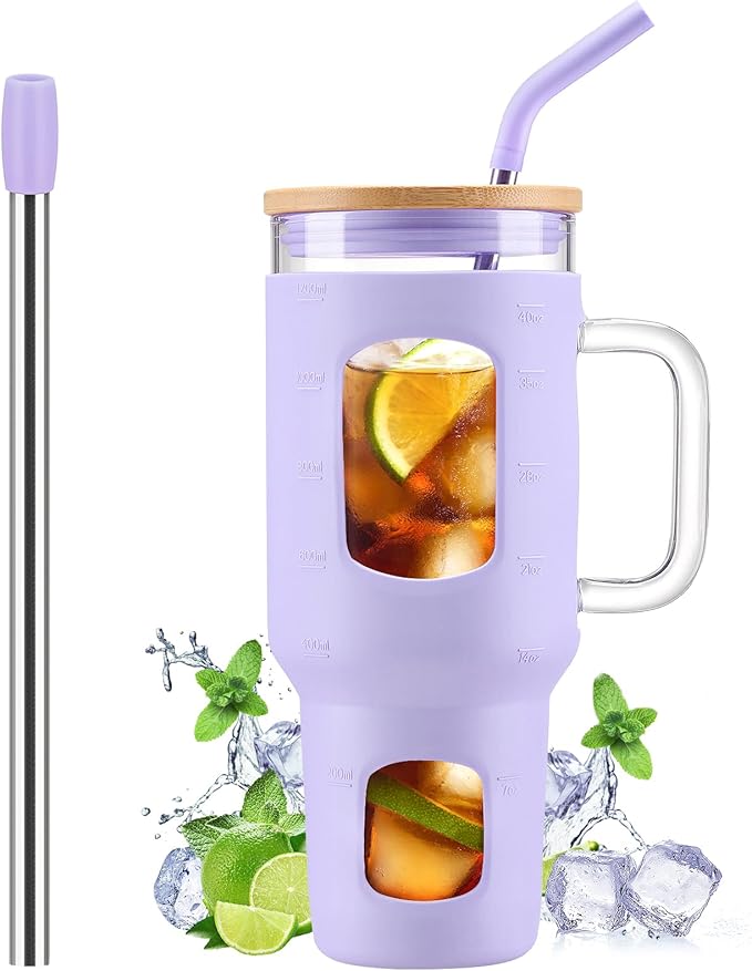 Glass Tumbler with Straw and Lid, 40 oz glass cup with handle, Glass Water Bottles with Time Marker, Silicone Protective Sleeve-Purple