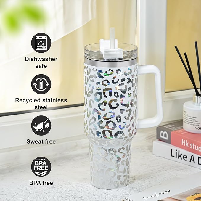 40 oz Tumbler with Handle and Straw, 100% Leak-Proof Travel Mug, Stainless Steel Double Wall Vacuum Insulated Coffee Cup Keeps Cold For 34 Hours, Dishwasher Safe, White Leopard