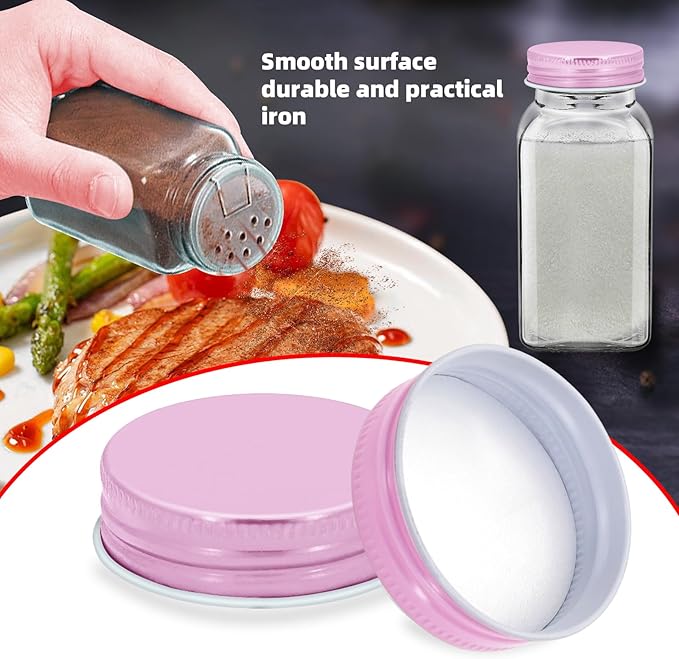 48 Pcs iron Jar Lids Lids for 4 oz and 6 oz Square Spice Jars Reusable Can Airtight Spice Storage Canning Lids for Nice Sealing Kitchen (Pink)