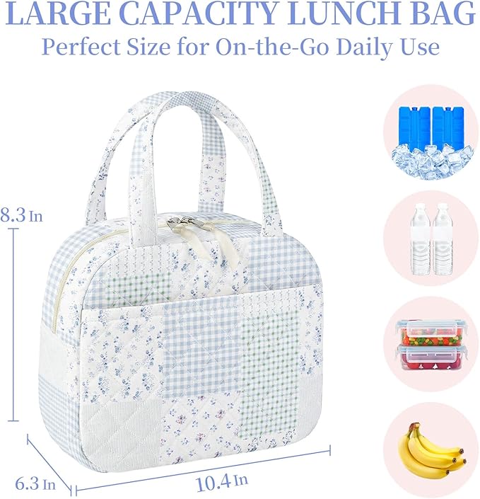 Quilted Lunch Box for Women,Coquette Aesthetic Lunch Box for Teen Girls,Cute Floral Lunch Bags for Work, School,Office,Picnic,Travel (green blue pin)
