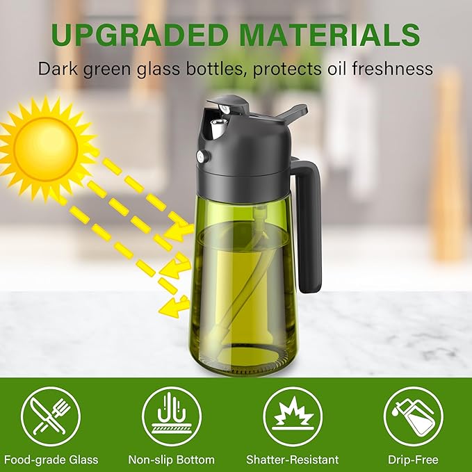 Vakoo Oil Sprayer for Cooking, 2 in 1 Oil Dispenser for Kitchen, 16oz/470ml Light-Blocking Dark Glass Olive Oil Spray Bottle, Air Fryer, Salad & BBQ (Black&White)