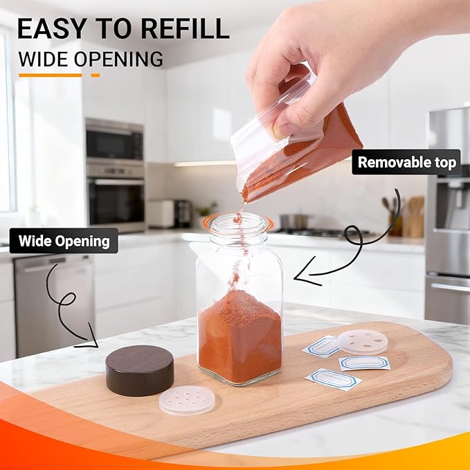 Segarty 6oz Spice Jar with Wood Lids, 3 PCS 180ml Square Condiment Containers, Empty Glass Seasoning Organizers Spices Cereal Storage Bottles, Large Salt and Pepper Shakers with 7 Stickers and 1 Brush