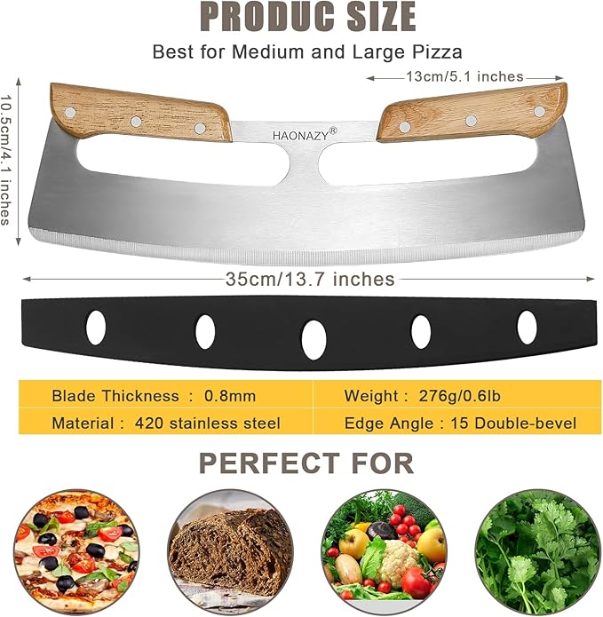 Sharp Pizza Cutter Rocker 14 inch with Double Handles and Protective Cover, Good for Kitchen Dining Room