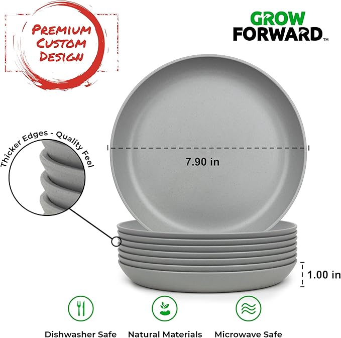 Grow Forward Premium Wheat Straw Plates - 8 Inch Reusable Hard Plastic Dinner Plates Set of 8 - Unbreakable Microwave Safe Plates for Dessert, Camping, RV, Outdoors, Patio, Kitchen Dishes - Feather