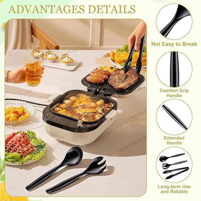 Mwellewm 18Pcs Serving Utensils, 10'' Plastic Serving Utensils Set, Disposable Serving Spoons for Buffet, Large Serving Tongs for Food, Heavy Duty Party Supplies for Salad Soup Cooking Catering(Black)