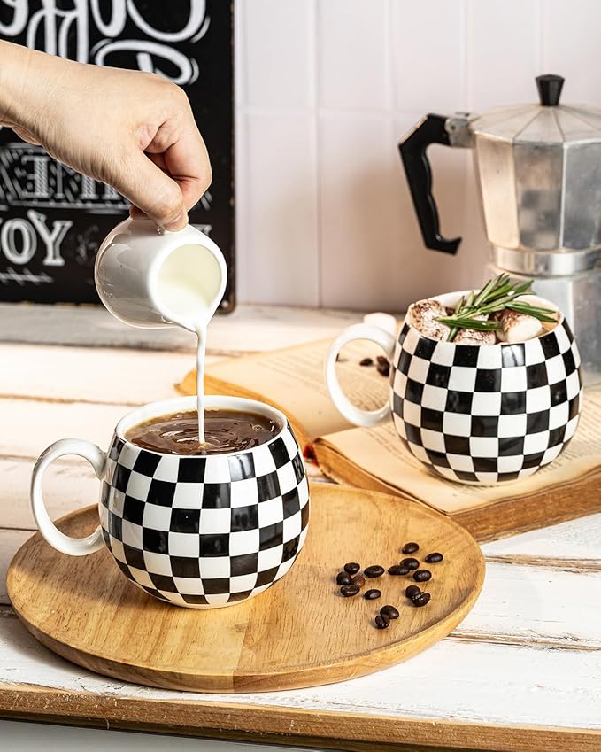 LAUCHUH Coffee Mug Set of 6, 18 oz Large Porcelain Coffee Mugs Checkered Coffee Cups with Handle Cappuccino Cups for Mother's Day, Tea, Cocoa, Milk, Latte, Mocha, Black and White